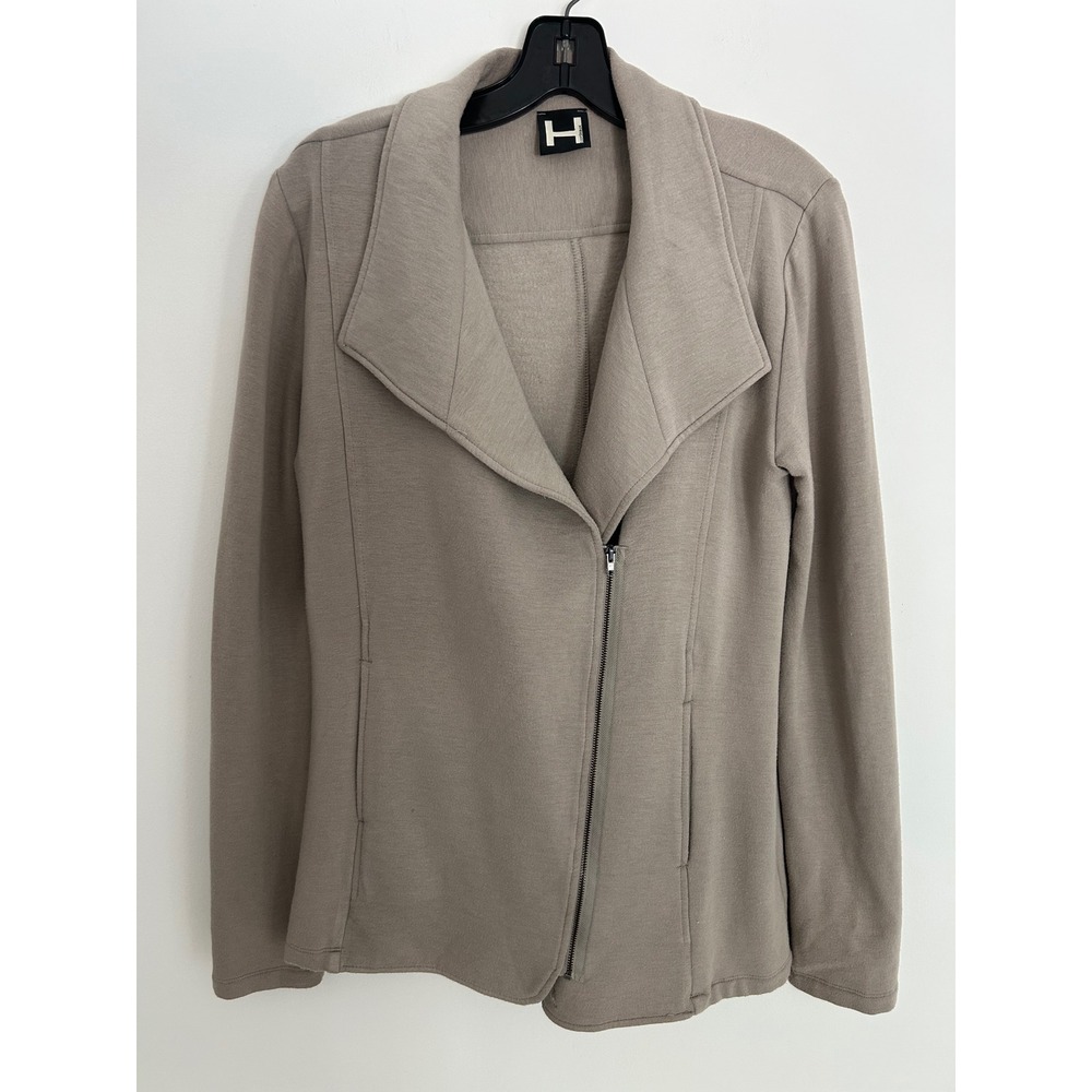 H by Bordeaux Women Taupe Asymmetrical Zip Moto Jacket Fleece Lined Size Medium